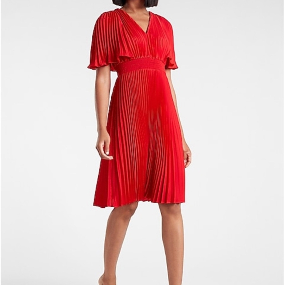 Express Red Pleated Midi Sundress V-Neck
